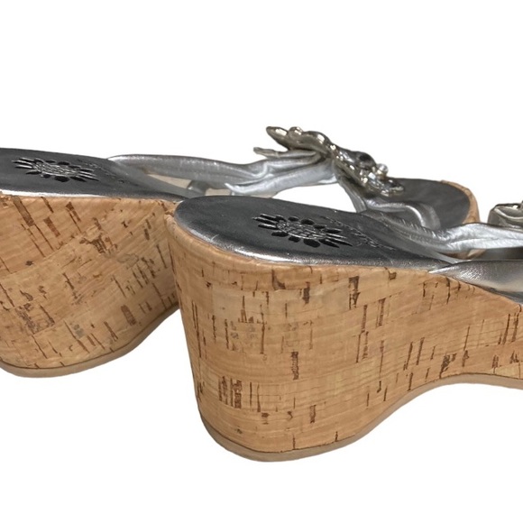 Yellow Box Silver Formal Sandal w/ Cork Wedge. Accented with rhinestones. Size 7 - Picture 2 of 3